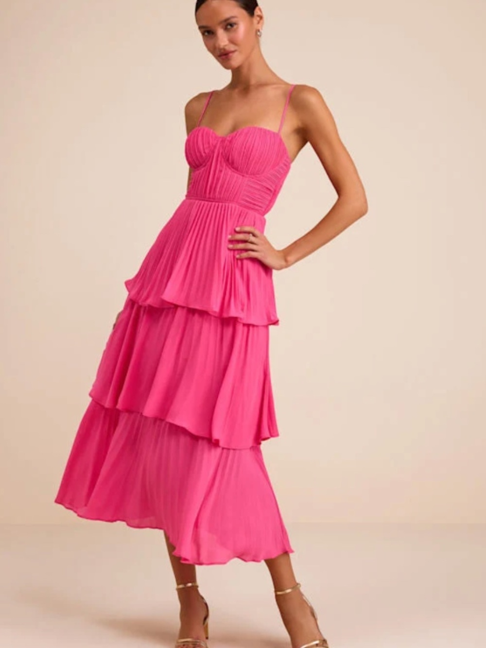 Lulus Cascading Crush Hot Pink Tiered Midi Dress